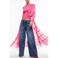 Pink satin blazer dress with sheer mesh layers paired with loose wide-leg jeans - S / Rose Red
