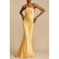 Elegantes, leuchtend gelbes One-Shoulder-Maxikleid aus Satin mit schmaler Passform - S / Gelb