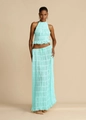 Detail view of light blue halter top and pleated maxi skirt set with ruffle accents - S / White