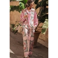 Pink printed two-piece leisure set with long sleeve shirt and wide leg trousers for vacation - M / Pink Print