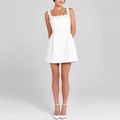 Elegant white sleeveless A-line mini dress with 3D floral appliques and waist design - S / White