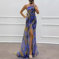 Elegantes einschultriges Chiffon-Printkleid mit Beinschlitz und Taillenblumen - S / Blau