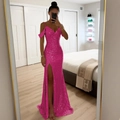 Robe longue à paillettes rouge rose avec col en V et fente latérale haute pour soirées - S / Rose rouge