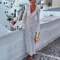Abito lungo bohémien in pizzo bianco all'uncinetto con maniche lunghe e scollo a V - 2XL / Bianco