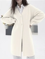 Detailansicht der cremeweißen langen Strickjacke mit großen Knöpfen und V-Ausschnitt - S / Cremeweiß
