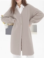 Detail view of khaki long knit cardigan with V-neckline and ribbed cuffs on sleeve - S / Tops / Card