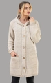 Detail of beige chunky knit hooded cardigan with wooden buttons and front pockets - Off White