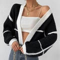 Women's black and white chunky knit cardigan with relaxed fit and stylish pattern design - S / Black