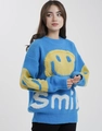 Detail of blue knit sweater with yellow fuzzy smiley face and white smile lettering - S / Sky Blue