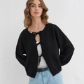 Gilet en tricot noir pour femme avec nœuds élégants et manches longues amples - S / Noir