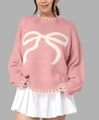 Detail of pink knitted sweater with white bow jacquard and decorative topstitching - S / Pink
