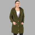 Damen Strick-Kapuzenjacke in Armeegrün mit Holzknöpfen und großen Fronttaschen - S / Armeegrün
