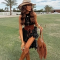Bohemian black ruffled dress set with brown leather belt and fringe bag on a model - Black Zirconia Set
