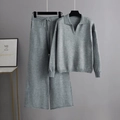 Conjunto de dos piezas de punto gris con cárdigan polo de pico y pantalón con cordón - Talla única / Gris