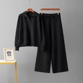 Conjunto de dos piezas de punto negro para mujer con top de cuello polo y pantalón de pernera ancha - Talla única / Negro
