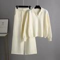 Conjunto chic de punto crema con jersey de cuello polo y pantalones anchos - Talla única / Albaricoque