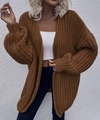 Detailed view of brown chunky knit cardigan with oversized lantern sleeves and thick texture - Coffee