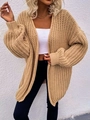 Detailed view of camel chunky knit cardigan with ribbed texture and balloon sleeves - Khaki