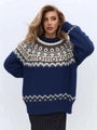 Detalle del patrón de jacquard Fair Isle en el suave suéter navideño azul marino - S / Azul