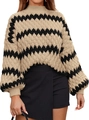 Detailed close-up of thick beige and black wavy knit pattern on oversized sweater sleeves - Khaki