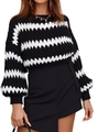 Detail of knitted sweater with contrast zigzag pattern and ribbed lantern sleeves - Black