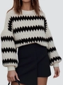 Detail of chunky knit sweater with black and white chevron pattern and lantern sleeves - Off White