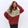 Detailed view of Fair Isle snowflake knit pattern on a red vintage Christmas sweater - Red-1