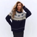 Close-up of Fair Isle jacquard pattern on plush navy blue knit sweater neckline - Blue-1