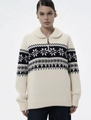Pull femme en maille jacquard nordique avec col polo zippé en couleur blanc crème - S / Blanc Cassé