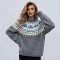 Close-up of Fair Isle knit sweater featuring blue and white snowflake jacquard patterns - Gray-1
