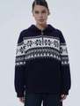Pull en maille bleu marine pour femme avec capuche zippée et motif jacquard blanc - S / Bleu marine