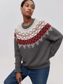 Dettaglio del maglione Fair Isle che mostra i motivi jacquard geometrici rossi e bianchi - S / Grigio