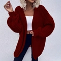 Oversized deep red chunky knit cardigan with lantern sleeves and relaxed fit style - Burgundy