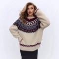 Fair Isle knit sweater in apricot with red and blue geometric jacquard pattern and soft texture - Off White