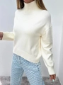Detail of high turtleneck collar and wide ribbed knit cuffs on cream oversized sweater - S / Tops / White