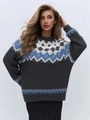 Détail du motif en tricot Fair Isle avec des touches violettes et bleues sur pull gris - S / Gris