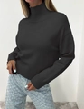 Detail of high neck black oversized knit sweater with ribbed cuffs and drop shoulder - S / Tops / Black