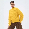 Maglione giallo a trecce con maniche a lanterna e trama spessa in maglia per donna - S / Giallo