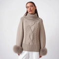 Jersey de cuello alto de punto trenzado caqui con lujosos puños de piel de zorro real - Talla única / Camel