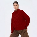 Maglione in maglia a trecce rosso scuro con maniche a sbuffo e vestibilità oversize - S / Borgogna