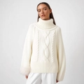 Elegante suéter blanco de cuello alto con punto de ochos y puños de piel sintética - Talla única / Marfil