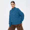 Maglione blu a trecce con collo alto e maniche a palloncino per un look casual e chic - S / Verde Pavone