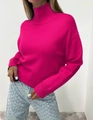 Fuchsia high neck knit sweater with ribbed cuffs and drop shoulder loose fit style - S / Tops / Rose Red