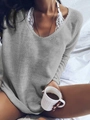 Pull en maille gris clair pour femme avec col en V et détails en dentelle pour la maison - S / Gris