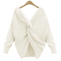 Elegante suéter de punto blanco crema con cuello en V y diseño cruzado de nudo - Talla única / Blanco
