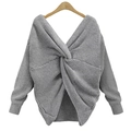 Jersey de punto gris claro con cuello en V, detalle de nudo y textura de canalé - Talla única / Gris