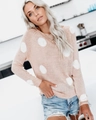 Slim fit long sleeve polka dot knit sweater for women in light pink paired with denim - Pink