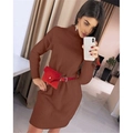 Detail view of a brown knit turtleneck dress with a red waist bag and ribbed cuffs - S / Coffee
