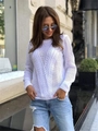White hollow out crochet sweater with V-pattern knit and crew neck on a female model - S / White