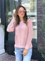 Pink crewneck long sleeve knit sweater with hollow-out mesh and diamond cable patterns - S / Pink